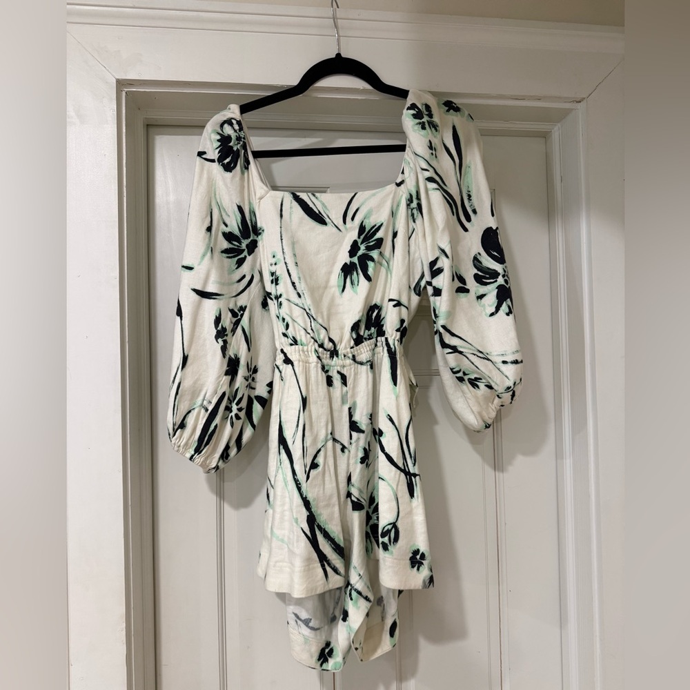 Tanya Taylor Cream Floral Puff-Sleeve Romper with Black & Green Print